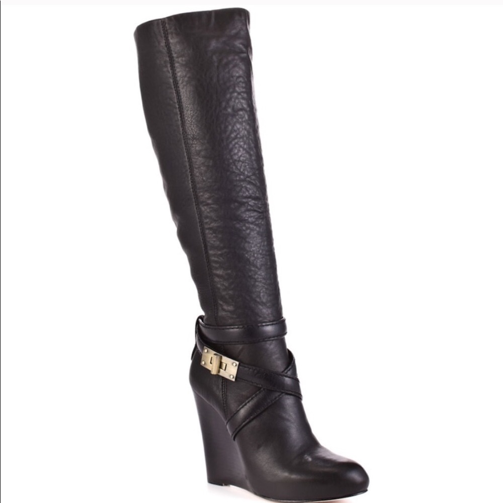 BCBGMAXAZRIA Black Leather Remy Wedge Boot Black